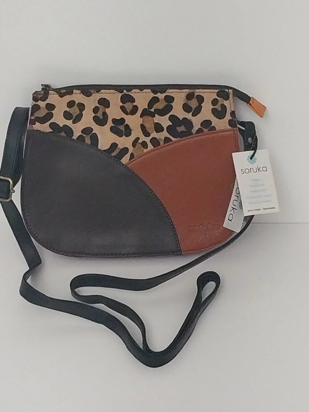 NEW Soruka Brown - Grey - Pink - Black Leather Crossbody Bag Leopard Print NWT